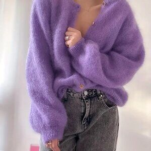 Purple Reversible Lightweight Cardigan Pullower Sweater Wool Blend